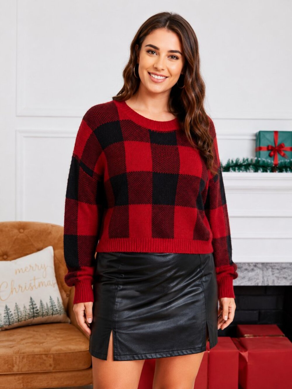 Red & Black Buffalo Plaid Drop Shoulder Cropped Sweater 2X